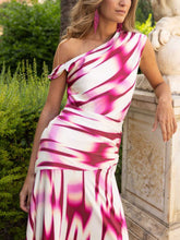 Elegant Asymmetric Dropped Shoulder Smudge Print Maxi Dress